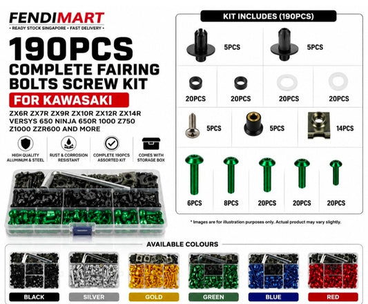 FENDIMART 190PCS Motorcycle Fairing Bolt Kit 6063 Aluminium Body Panel Screw Fastener Set with Storage Box | M5 M6 Universal Sportbike