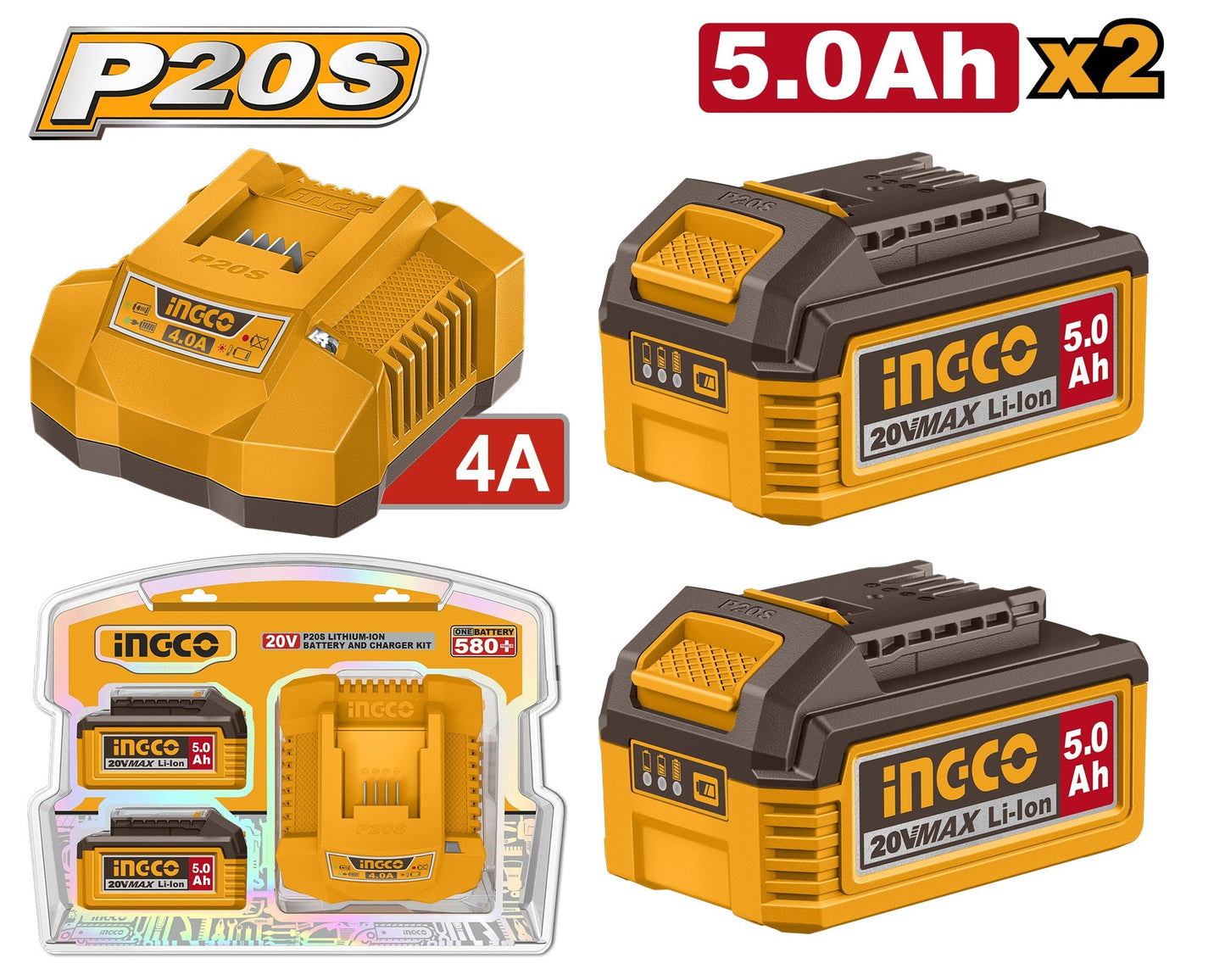 INGCO 20V 2×5.0Ah Battery + 4A Charger Set (FBCPK2513)