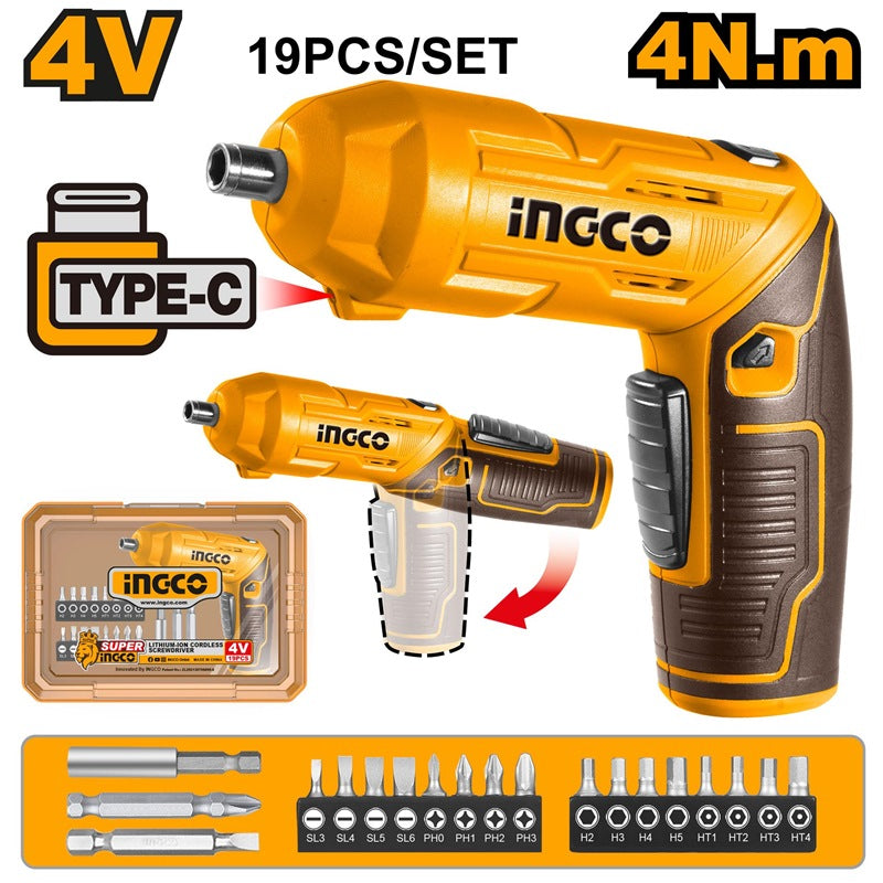 INGCO 4V Li-Ion Cordless Screwdriver with 19 Bits Set CSDLI04425