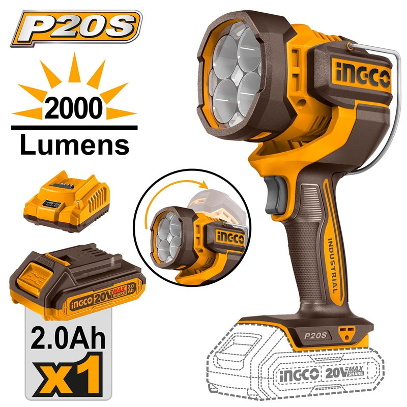 INGCO 20V Li-Ion Work Lamp 22.5W 2000 Lumens 1x2.0Ah + Charger CWLI20881