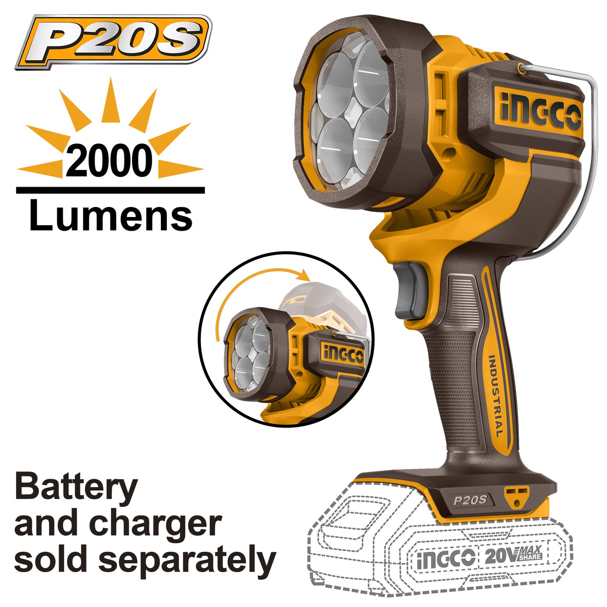 INGCO 20V Li-Ion Cordless Work Lamp 22.5W 2000 Lumens CWLI20851