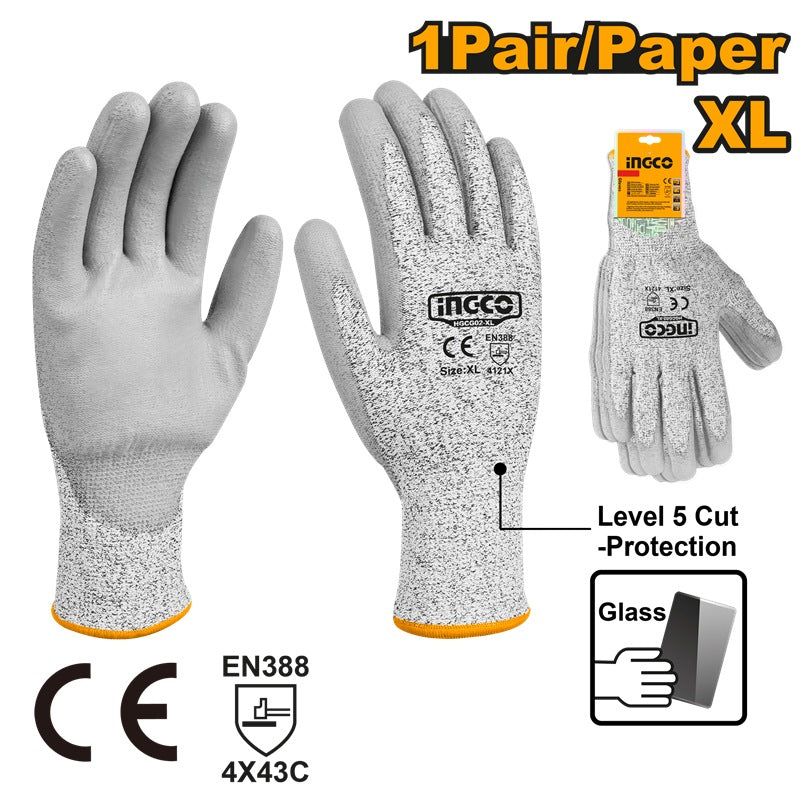 INGCO PU Coated Palm HPPE Shell Cut Resistant Glove Size XL HGCG02XL