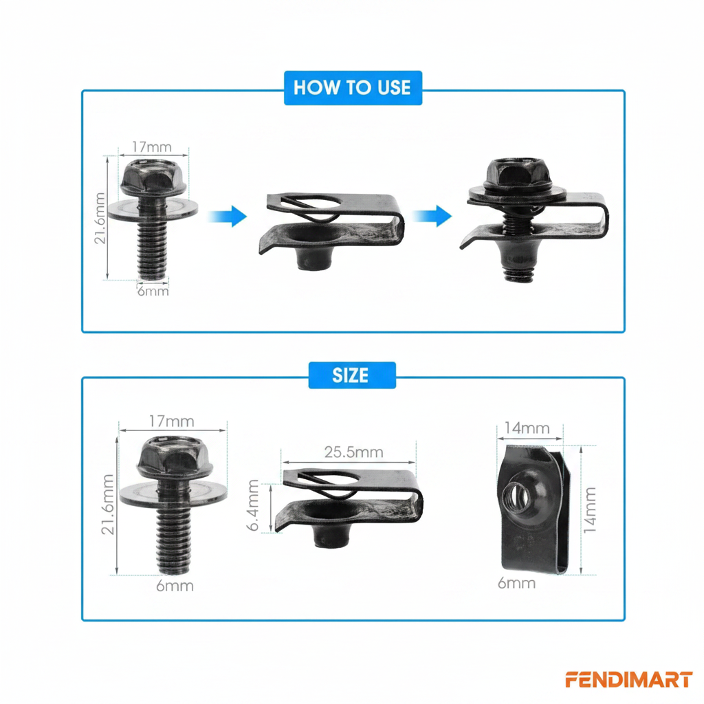 Car Body Bolts & U-Nut Clips M6 | Engine Cover Underbody Fastener Set (10pcs)