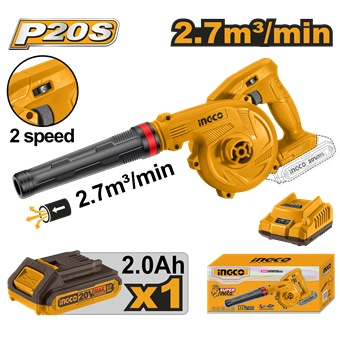 INGCO 20V LI-ION Blower, 18,000 RPM High-Speed, 2.7M3/MIN Air Volume, Complete with 1 x 2.0Ah Battery and Charger CABLI20781
