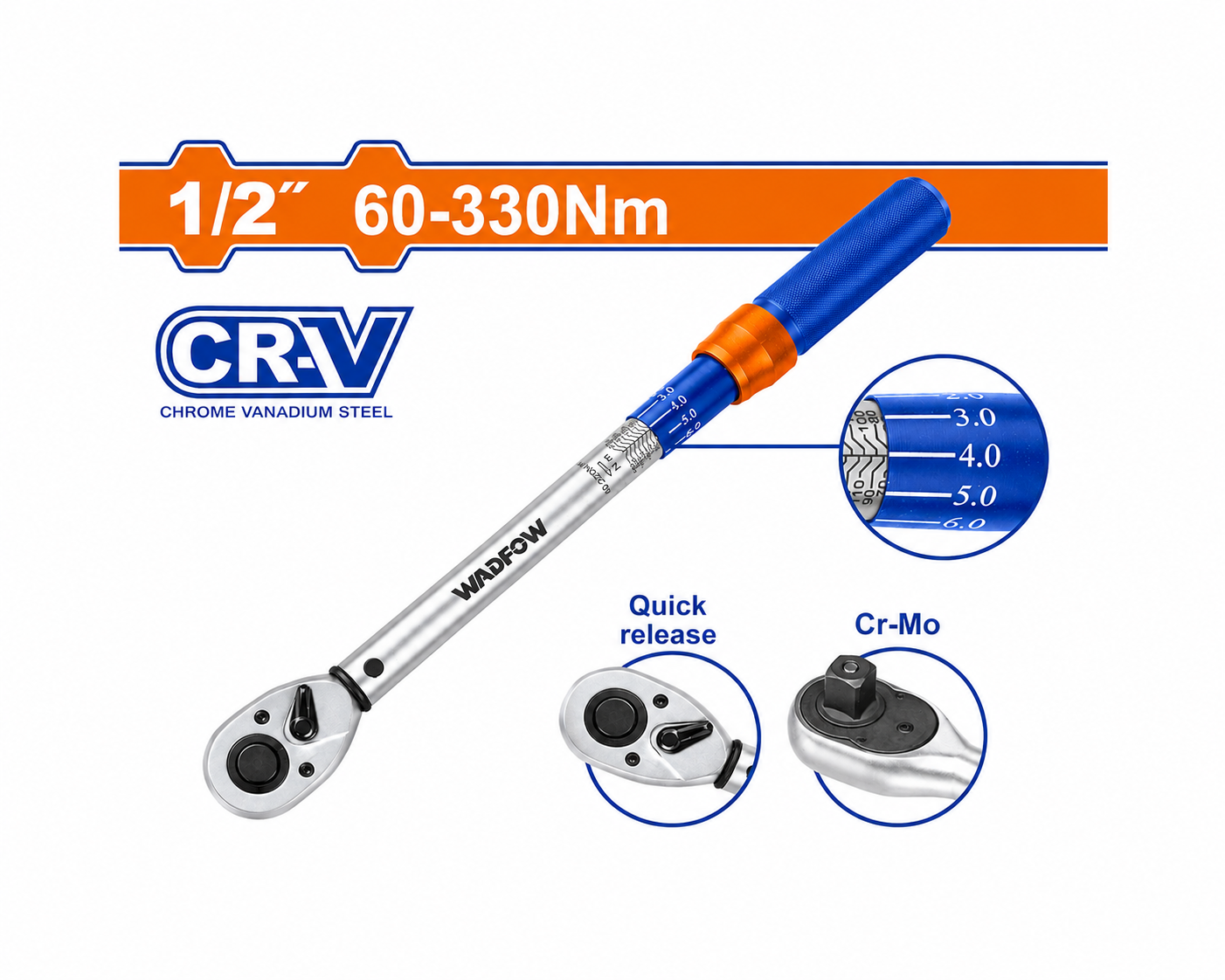 WADFOW 1/2" CR-V Torque Wrench 60-330Nm WWQ4D12