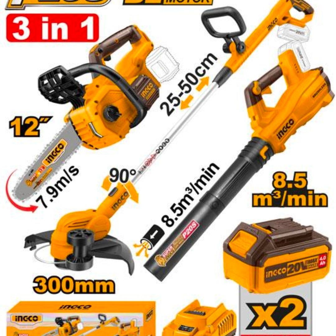 INGCO COSLI241189 20V P20S 3-Piece Garden Combo Kit – Chainsaw, Grass Trimmer & Blower with 2 × 4.0Ah Batteries