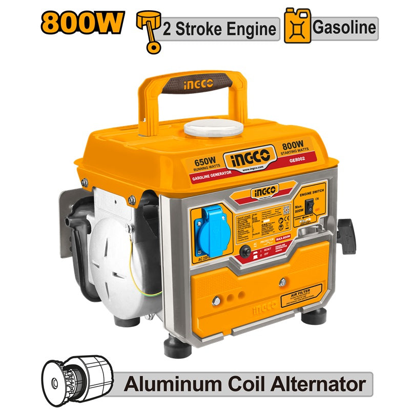 INGCO Portable 2-Stroke Gasoline Generator 800W Rated 650W GE8005