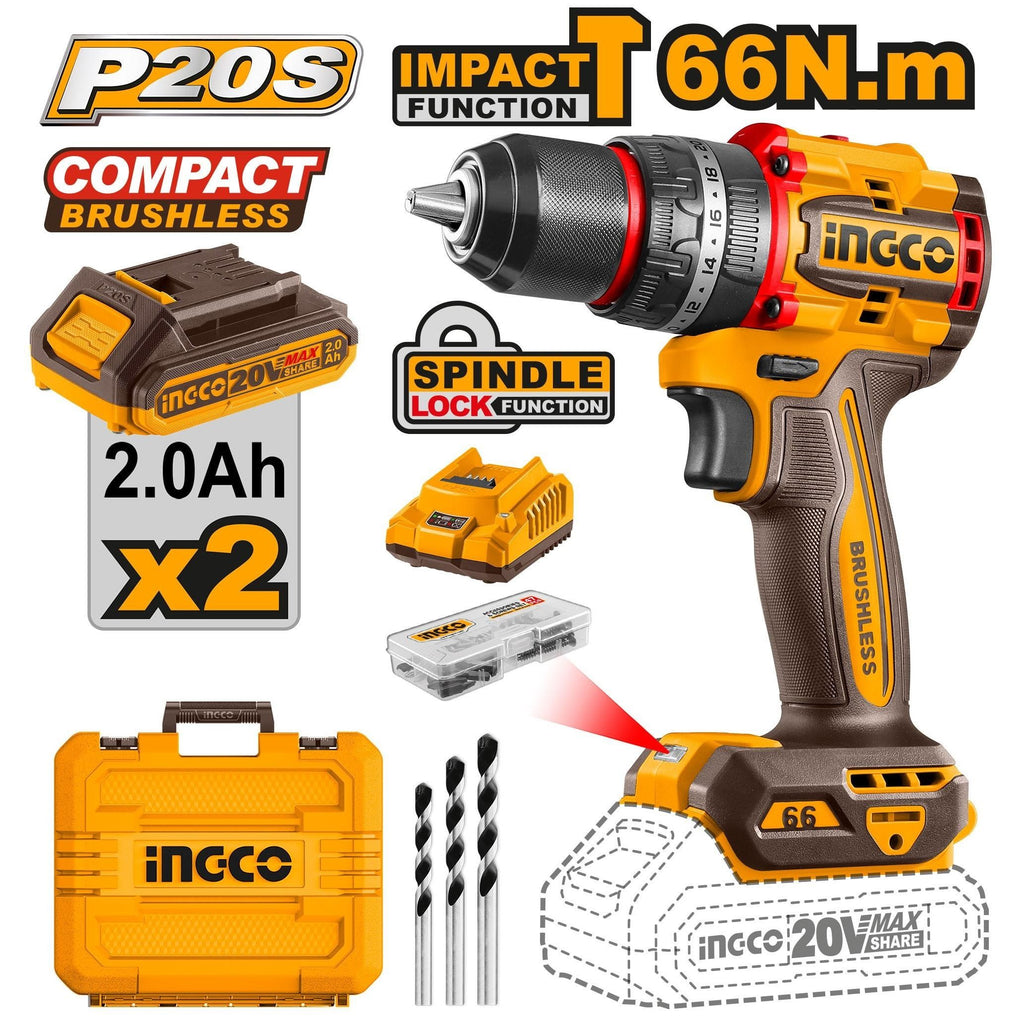 INGCO 20V 2X 2.0AH LI-ION BRUSHLESS IMPACT DRILL CIDLI20668 Full Set