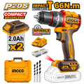INGCO 20V 2X 2.0AH LI-ION BRUSHLESS IMPACT DRILL CIDLI20668 Full Set