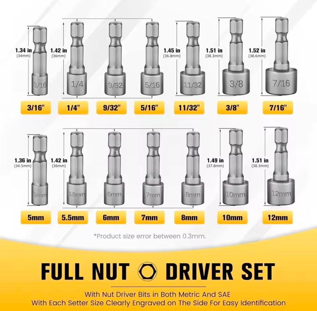 Fenditools 14-in-1 Hex Nut Driver Socket Bit Set (Metric & SAE — 1/4" Shank