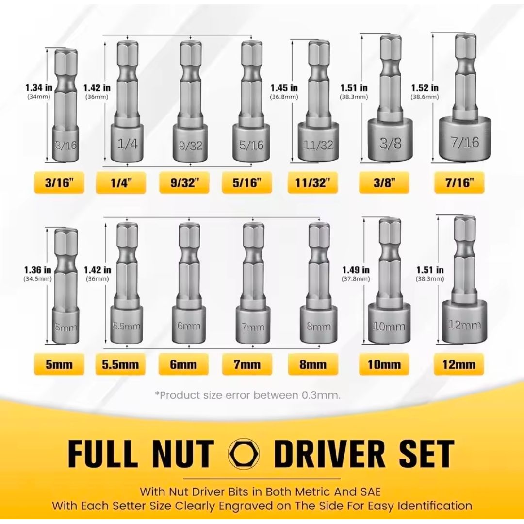 Fendimart 14-in-1 Hex Nut Driver Socket Bit Set (Metric & SAE — 1/4" Shank