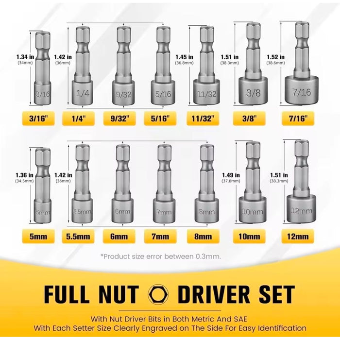 Fendimart 14-in-1 Hex Nut Driver Socket Bit Set (Metric & SAE — 1/4" Shank