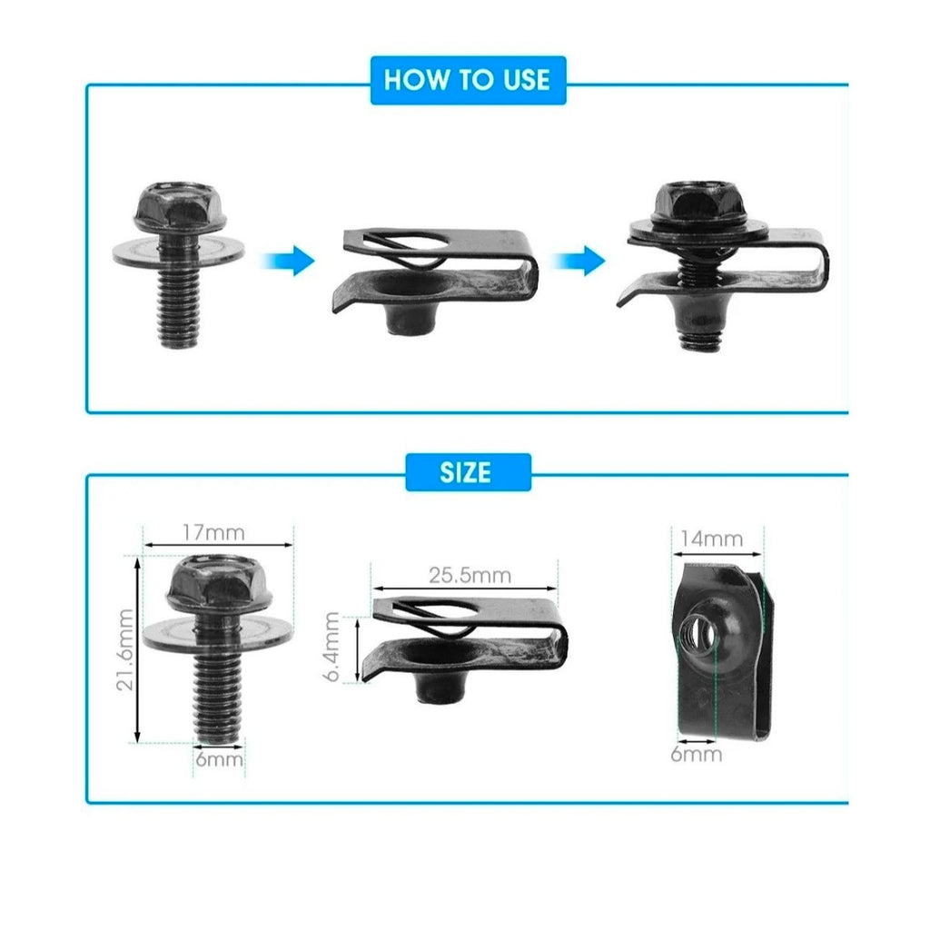 Fendimart Car Body Bolts & U-Nut Clips M6 Engine Cover Undertray Splash Shield Bumper Fender Liner Fastener Screws 10pcs