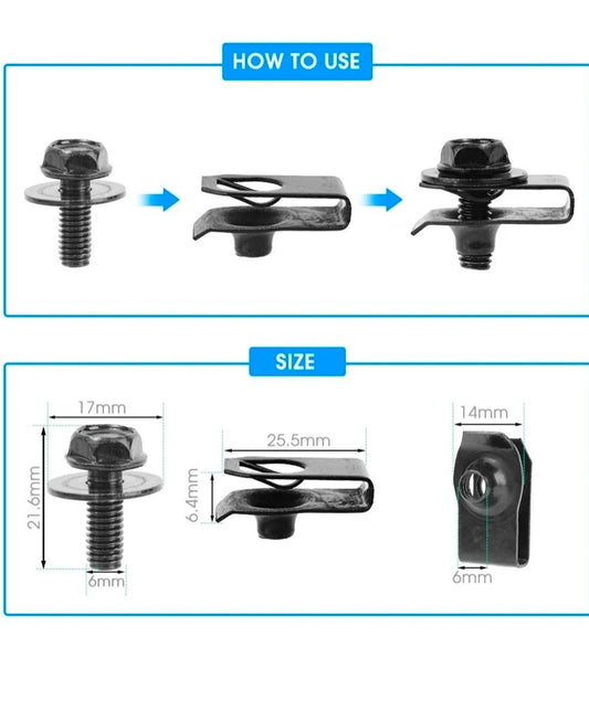 Fenditools Car Body Bolts & U-Nut Clips M6 Engine Cover Undertray Splash Shield Bumper Fender Liner Fastener Screws 10pcs