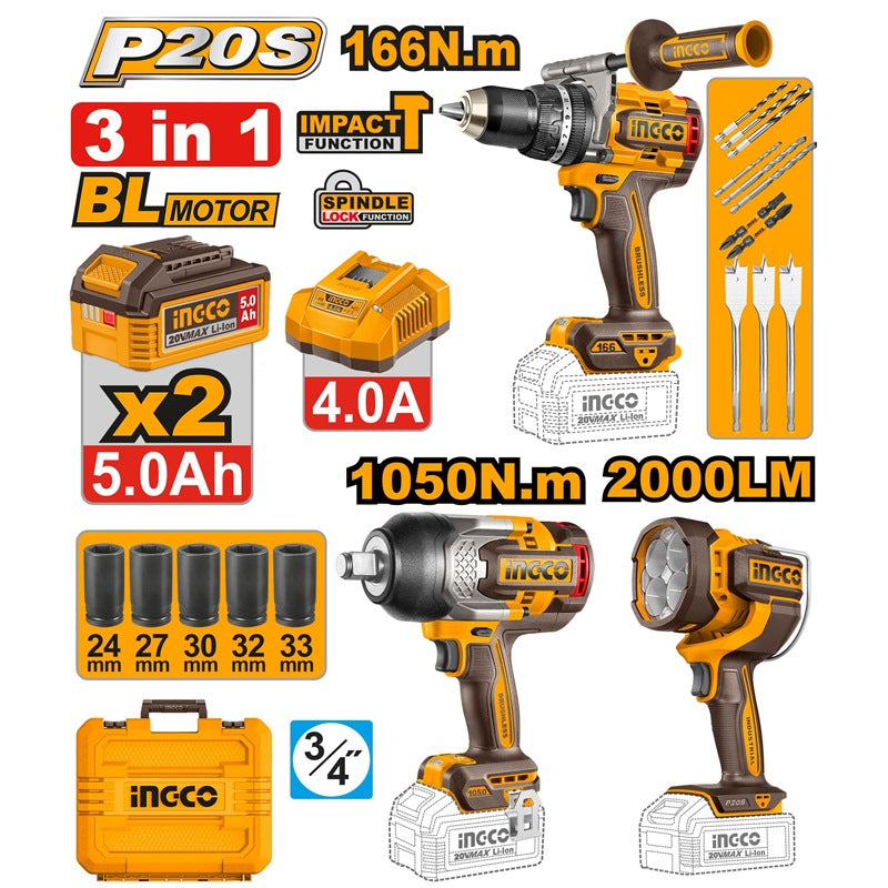 INGCO 3PC 1050NM IMPACT WRENCH+166NM IMPACT DRILL+2000LUM LAMP COSLI250882