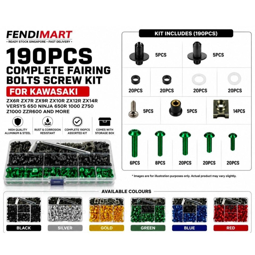 FENDIMART 190PCS Motorcycle Fairing Bolt Kit 6063 Aluminium Body Panel Screw Fastener Set with Storage Box | M5 M6 Universal Sportbike