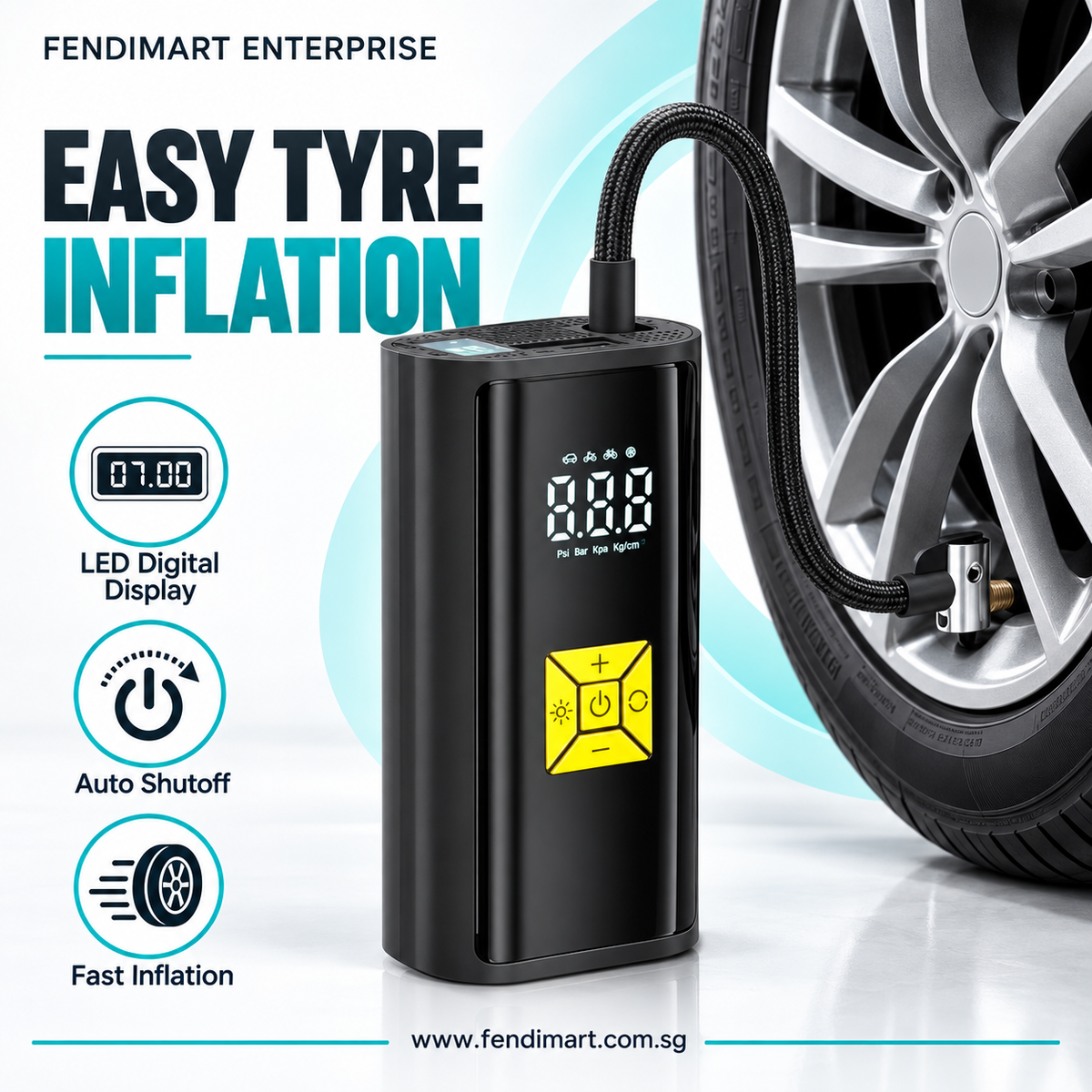 Portable tyre inflator with yellow controls connected to a car tyre