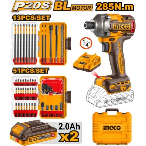 INGCO 20V Cordless Impact Driver 285Nm with 2 Battery Sets & Accessories Combo Kit