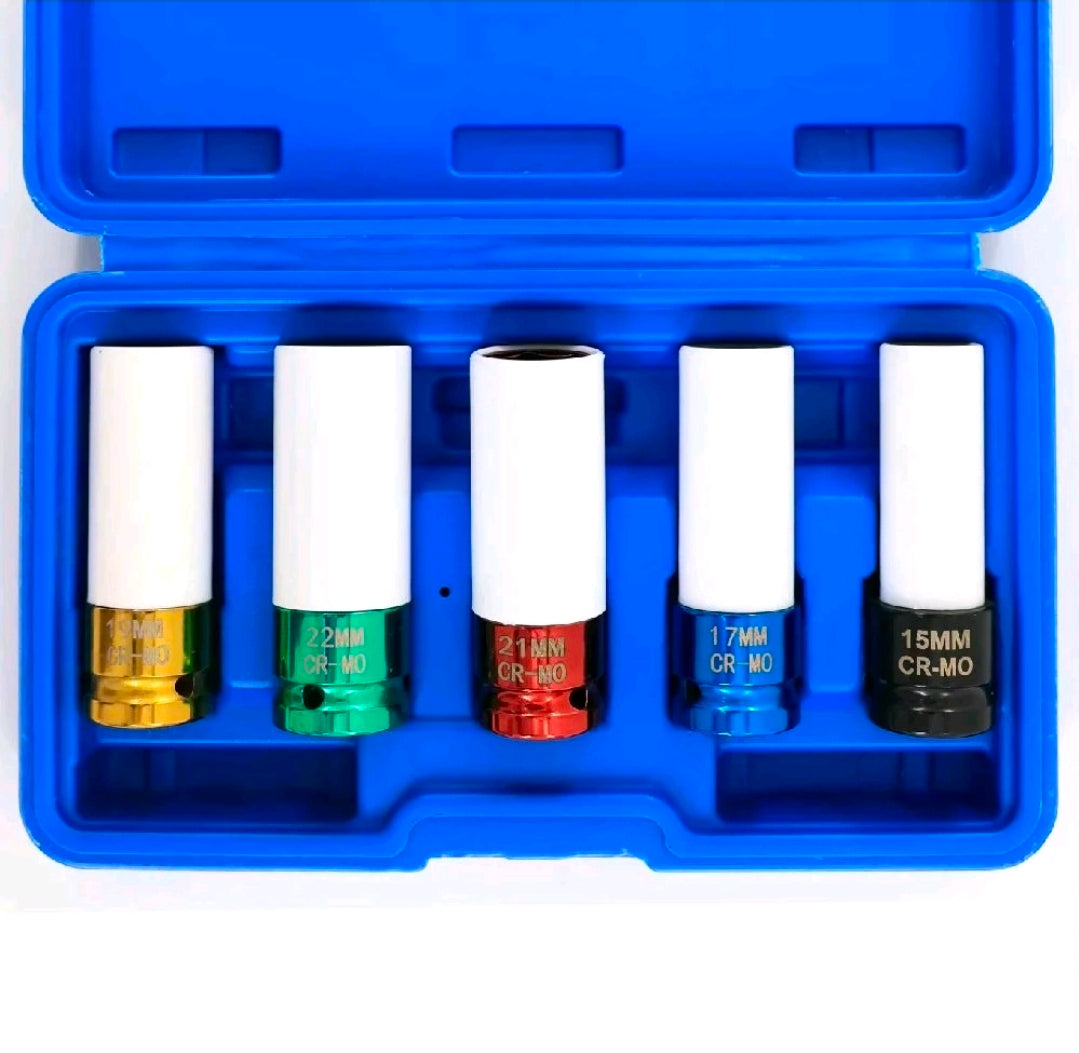 Fenditools 5Pcs Sleeve 1/2" Drive Thin Wall Wheel 15mm 17mm 19mm 21mm 22mm Deep Impact Nut Remover Socket Set Hard Case
