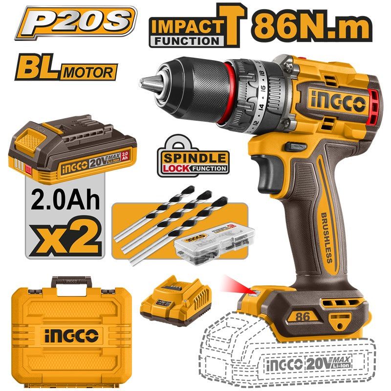 INGCO 20V Li-Ion BL Impact Drill 86NM W/2x2.0Ah Charger + Case CIDLI20868