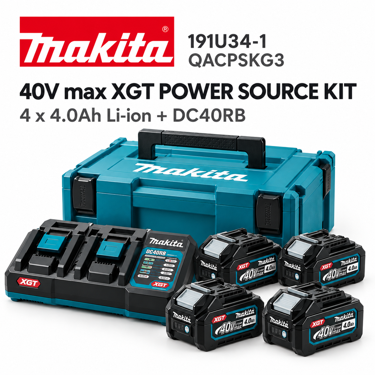 Makita 40V Max XGT Power Source Kit – 4× 4.0Ah Batteries + DC40RB Dual Port Charger | 191U34-1