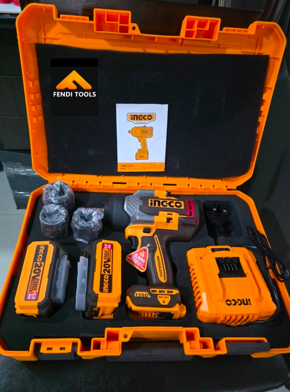 INGCO 20V BL 3/4" Drive Impact Wrench Max 1350Nm 2x5.0Ah + Charger + Case CIWLI20135