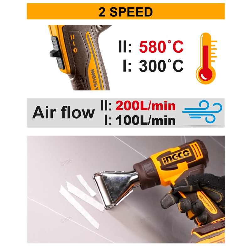 INGCO 20V Li-Ion Heat Gun 300/580°C+Tools HGLI2008 (Bare Unit)