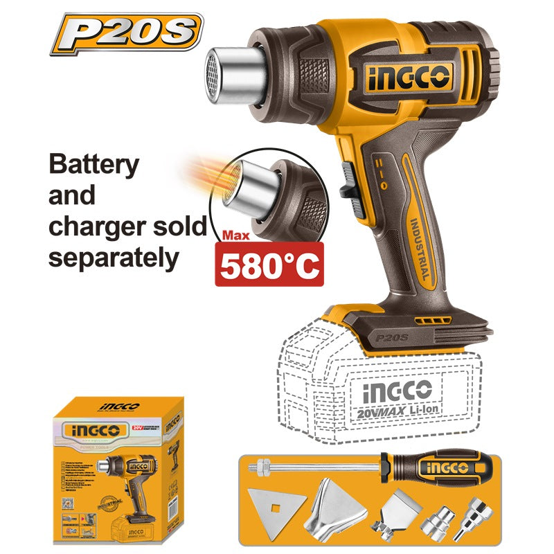 INGCO 20V Li-Ion Heat Gun 300/580°C+Tools HGLI2008 (Bare Unit)