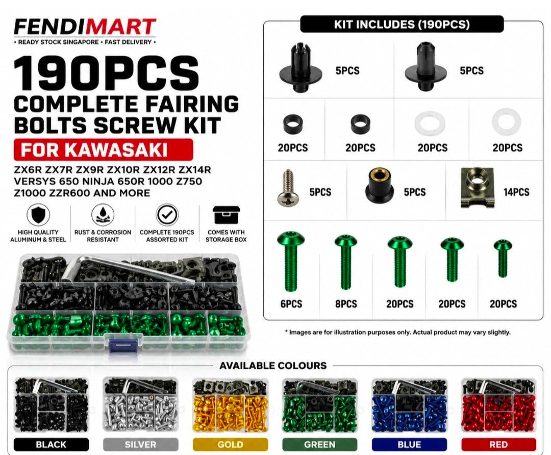 FENDIMART 190PCS Motorcycle Fairing Bolt Kit 6063 Aluminium Body Panel Screw Fastener Set with Storage Box | M5 M6 Universal Sportbike