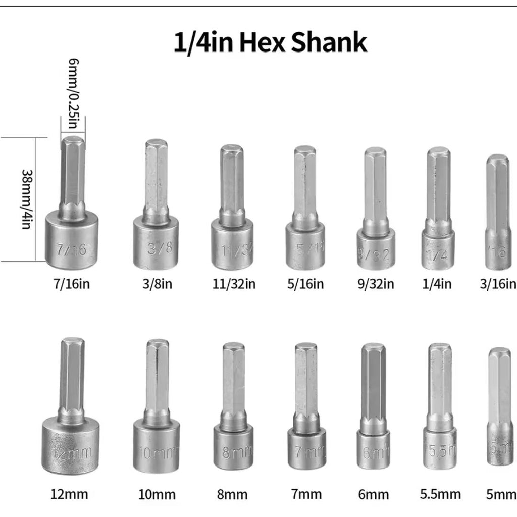 Fendimart 14-in-1 Hex Nut Driver Socket Bit Set (Metric & SAE — 1/4" Shank
