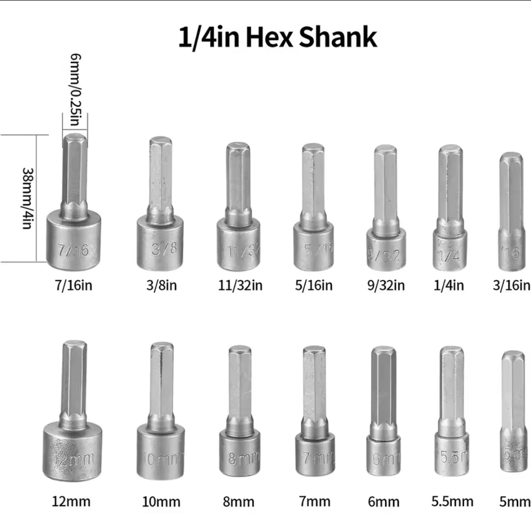 Fenditools 14-in-1 Hex Nut Driver Socket Bit Set (Metric & SAE — 1/4" Shank