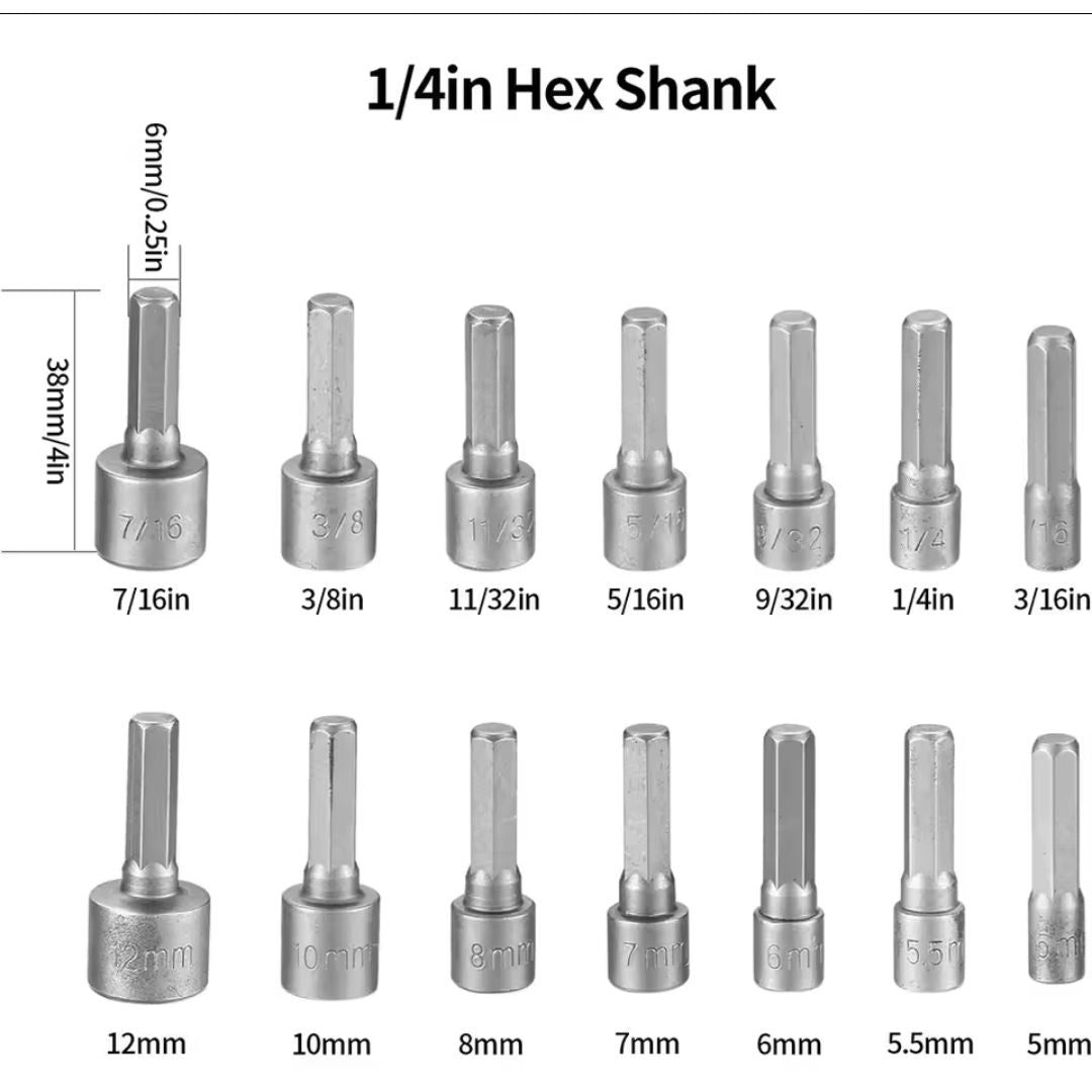 Fendimart 14-in-1 Hex Nut Driver Socket Bit Set (Metric & SAE — 1/4" Shank