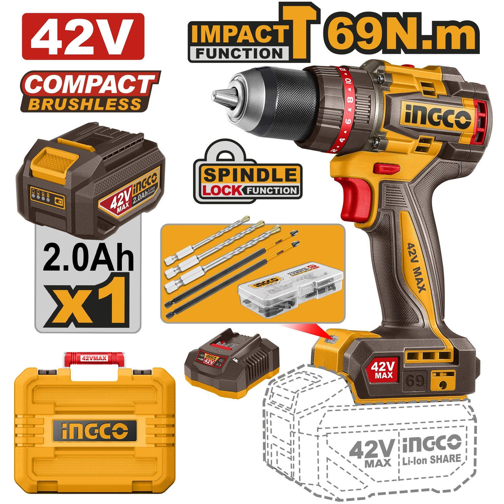INGCO 42V BL Compact Impact Drill 69NM 1x2.0Ah + Case CIDLI42698