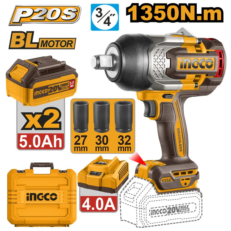 INGCO 20V BL 3/4" Drive Impact Wrench Max 1350Nm 2x5.0Ah + Charger + Case CIWLI20135