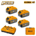 INGCO 20V Battery & Charger Kit 4x4.0Ah Dual Port Charger + Case FBCLI20244