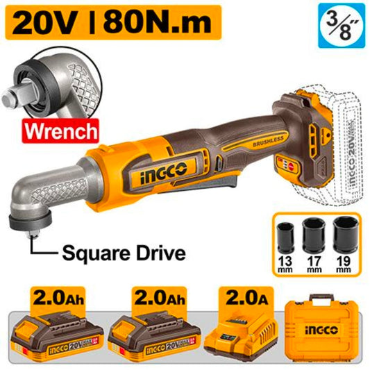 PRE-ORDER | INGCO 20V Brushless Cordless Angle Impact Wrench 80Nm – 2 Batteries Kit | CAIWLI208