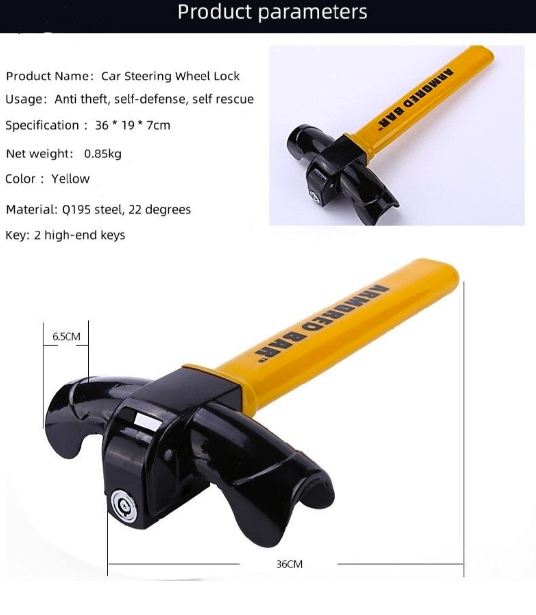 Fenditools Car Steering Wheel Lock With Keys Anti Theft