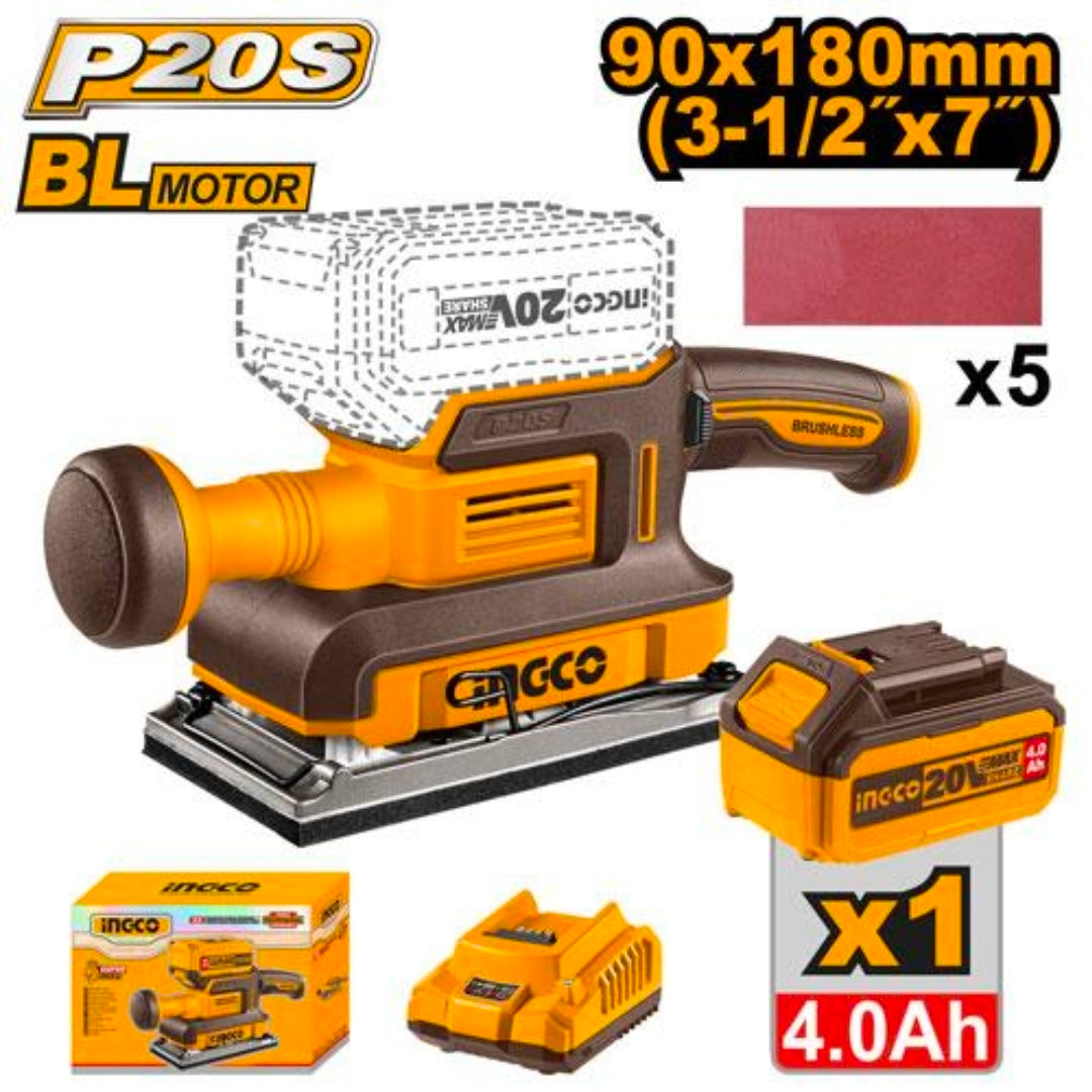 INGCO CFSLI20311 20V Brushless Cordless Finishing Sander – 4.0Ah Battery & Charger