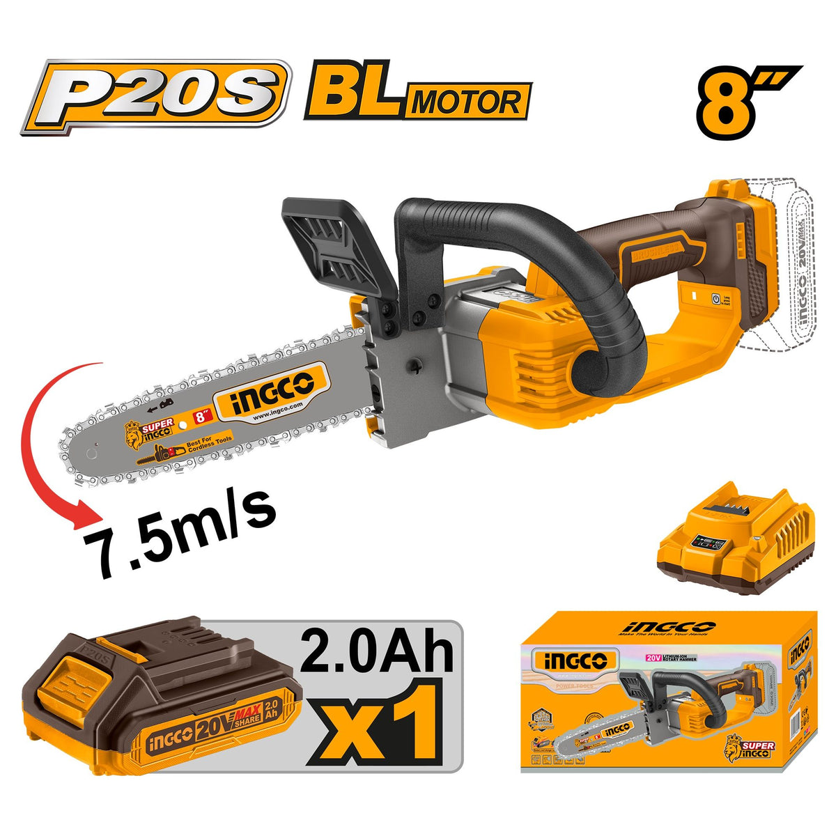 INGCO 20V BRUSHLESS CHAIN SAW 8" 1X2.0AH + CHARGER CGSLI20851