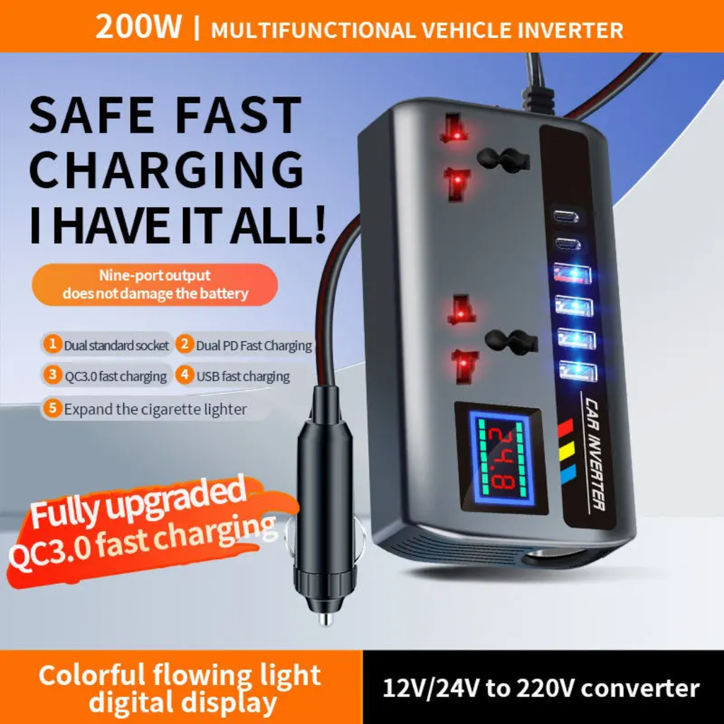 Fendimart Universal 12V/24V Car Inverter Converter Truck Charging Power Outlet with Cigarette Lighter Car 220V Charging Interface