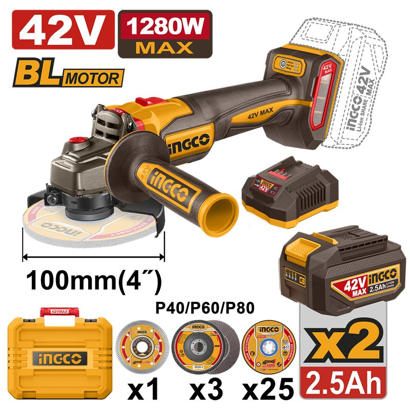 INGCO 42V BL 4in 1280W Angle Grinder 2x2.5Ah + Discs + Case CAG4728102