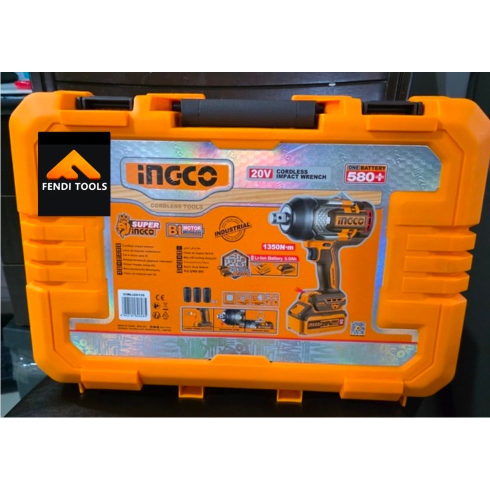 INGCO 20V BL 3/4" Drive Impact Wrench Max 1350Nm 2x5.0Ah + Charger + Case CIWLI20135