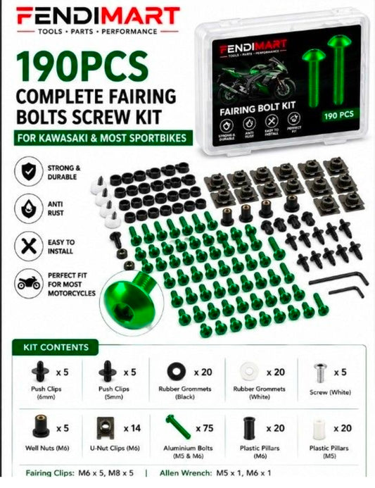 FENDIMART 190PCS Motorcycle Fairing Bolt Kit 6063 Aluminium Body Panel Screw Fastener Set with Storage Box | M5 M6 Universal Sportbike