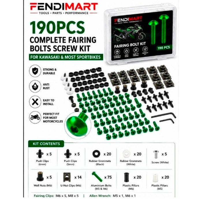 FENDIMART 190PCS Motorcycle Fairing Bolt Kit 6063 Aluminium Body Panel Screw Fastener Set with Storage Box | M5 M6 Universal Sportbike