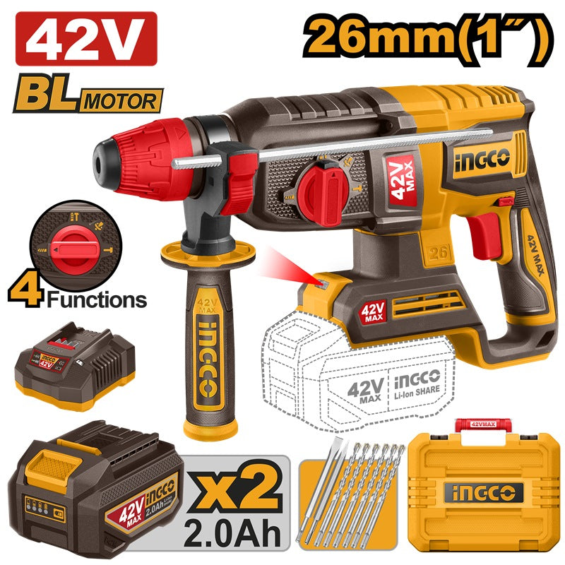 INGCO 42V BL 26MM 4-Mode Rotary Hammer 2x2.0Ah + Case CRHL142682