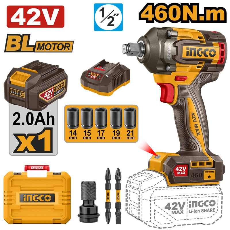 INGCO 42V BL 1/2in 460NM Impact Wrench 1x2.0Ah CIWLI42461
