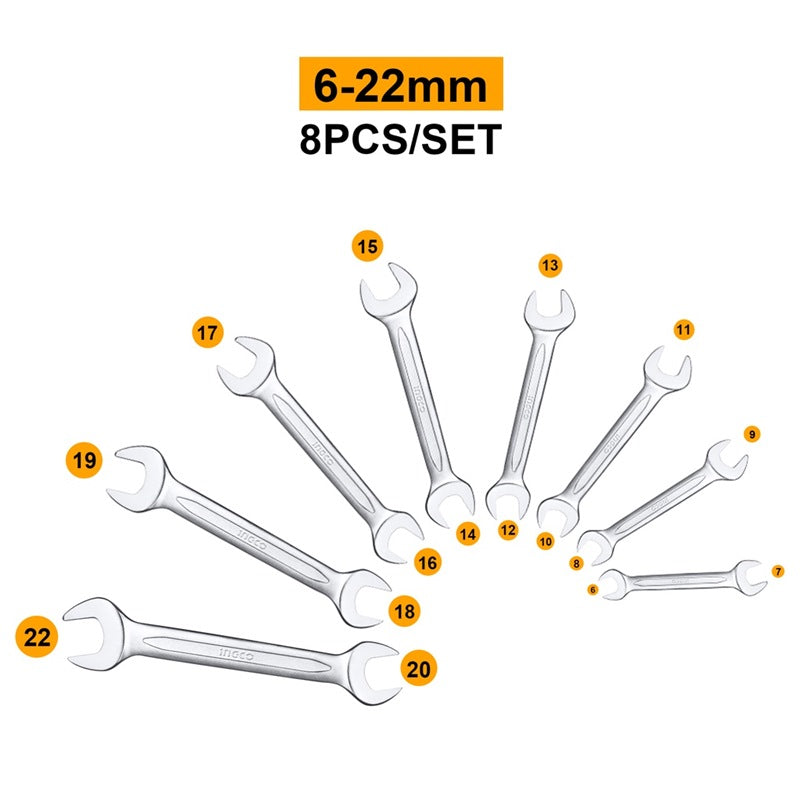 INGCO 8PCS Double Open End Spanner Set 6-22MM HKSPA2088