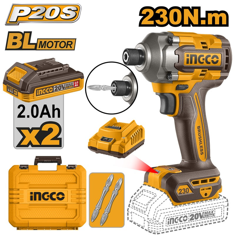 INGCO 20V BRUSHLESS IMPACT DRIVER 230NM W/2 X 20V 2.0AH & CHARGER CIRLI2023