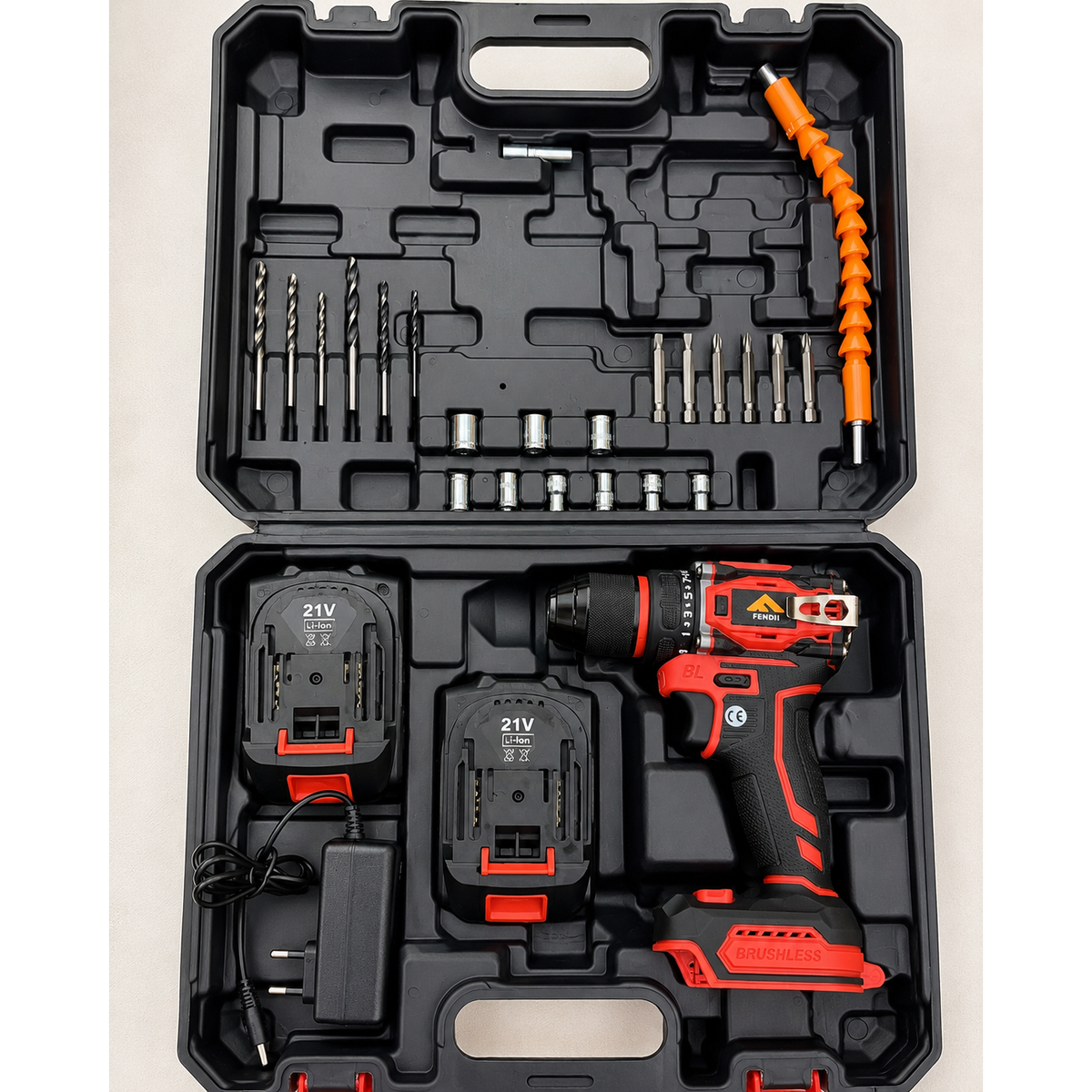 Fendimart 21V Brushless Cordless Drill 60-80Nm | 2x Battery + Charger + Case + Accessories