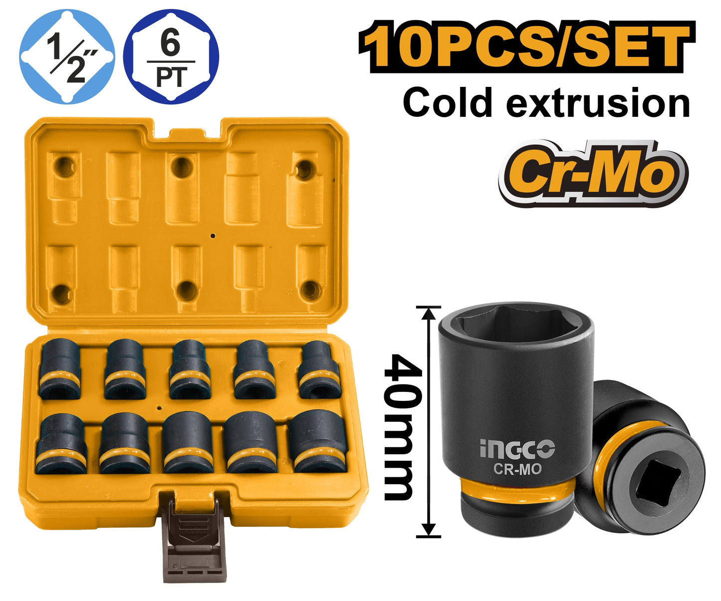 INGCO 10PCS 1/2in DR. CR-MO Standard Impact Socket Set 10-24MM HKISSD12101